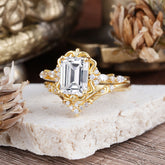 Vintage 4-Prong Emerald-Cut Lab Diamond Ring Set